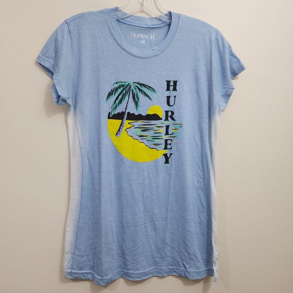 Hurley NWOT bleach dyed sides palm tree graphic cap sleeve t-shirt junior size L